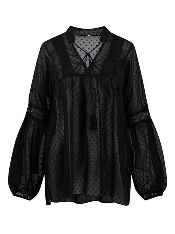 Women's Chiffon Stitching Lace Loose Balloon-Sleeve Top