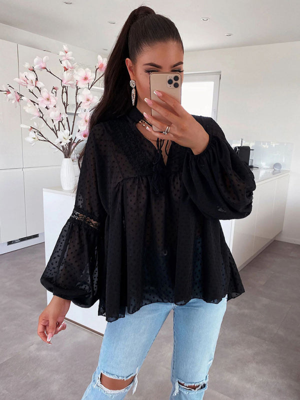 Women's Chiffon Stitching Lace Loose Balloon-Sleeve Top