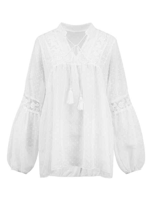 Women's Chiffon Stitching Lace Loose Balloon-Sleeve Top