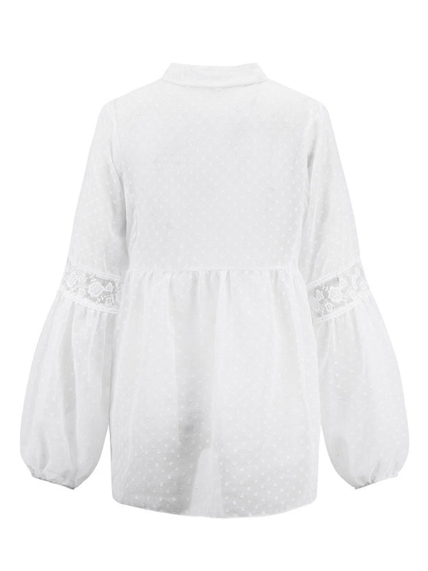 Women's Chiffon Stitching Lace Loose Balloon-Sleeve Top