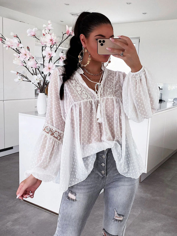 Women's Chiffon Stitching Lace Loose Balloon-Sleeve Top