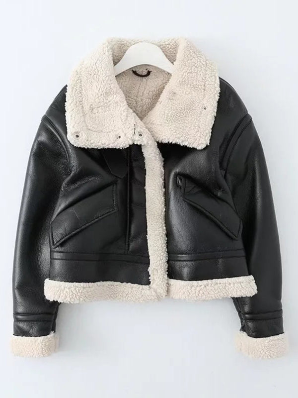 Short High-Necked Motorcycle PU Fur Coat