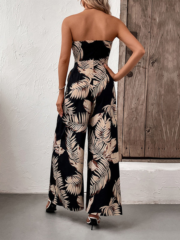 Plant Leaf Print Tube-Top Jumpsuit