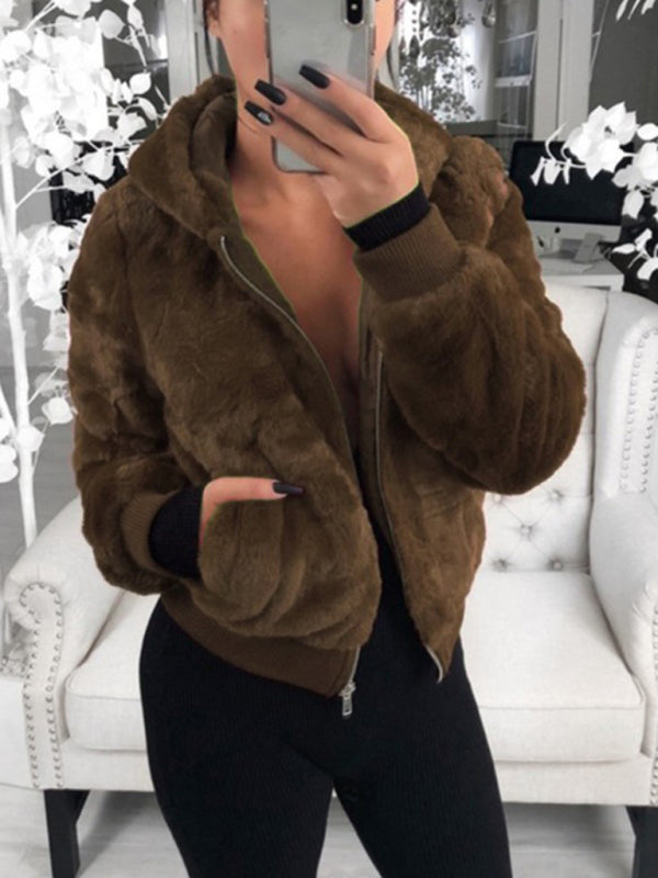 Autumn & Winter Furry Long-Sleeve Hooded Plush Long Jacket