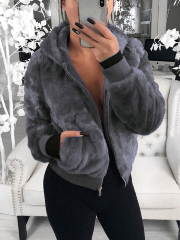 Autumn & Winter Furry Long-Sleeve Hooded Plush Long Jacket