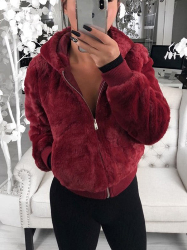 Autumn & Winter Furry Long-Sleeve Hooded Plush Long Jacket