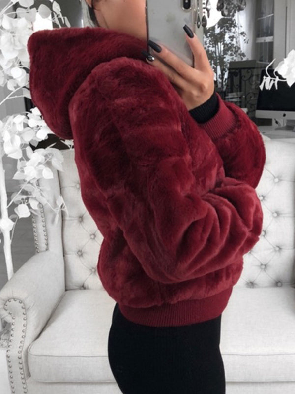 Autumn & Winter Furry Long-Sleeve Hooded Plush Long Jacket