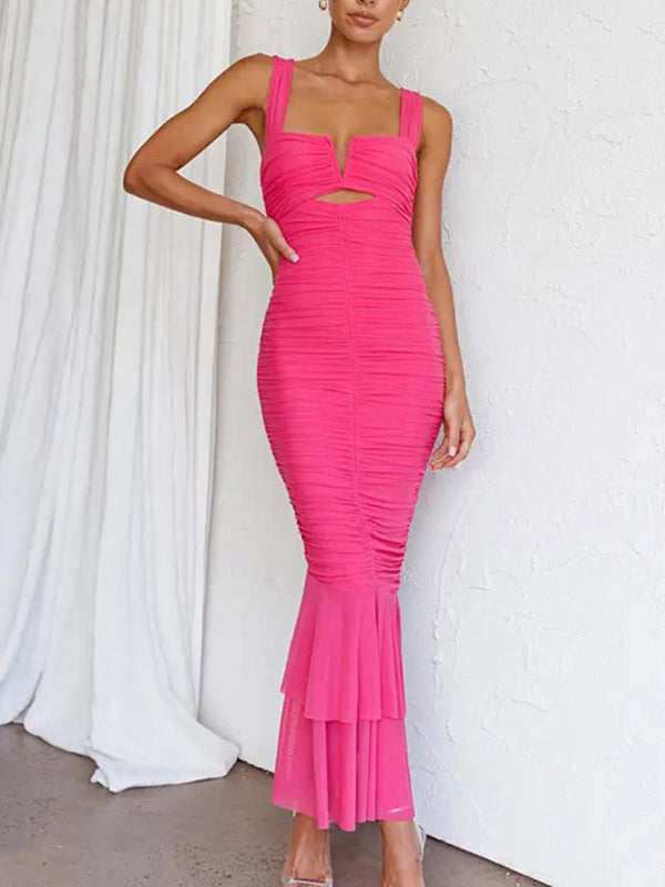 Tight Pleated Suspender Fishtail Dress