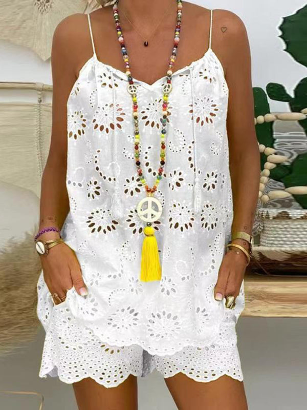 Sleeveless Drawstring Ruffled Hollow Camisole Embroidered Shorts Outfit