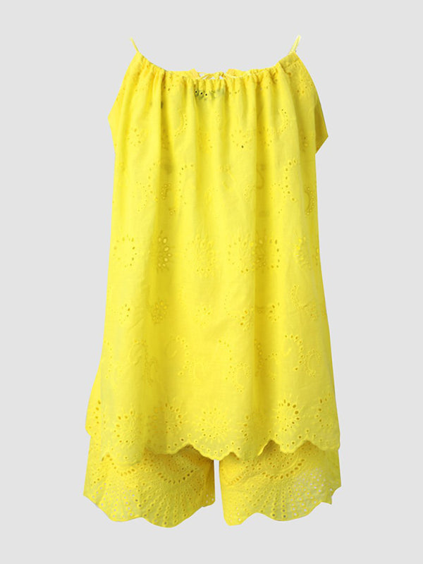 Sleeveless Drawstring Ruffled Hollow Camisole Embroidered Shorts Outfit