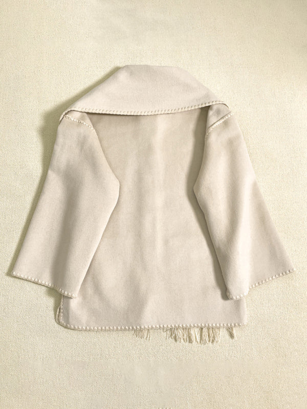 New Wool Blend Fringed-Scarf-Collar Loose Woollen Coat