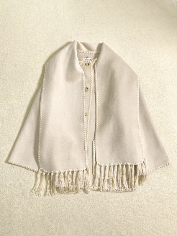 New Wool Blend Fringed-Scarf-Collar Loose Woollen Coat