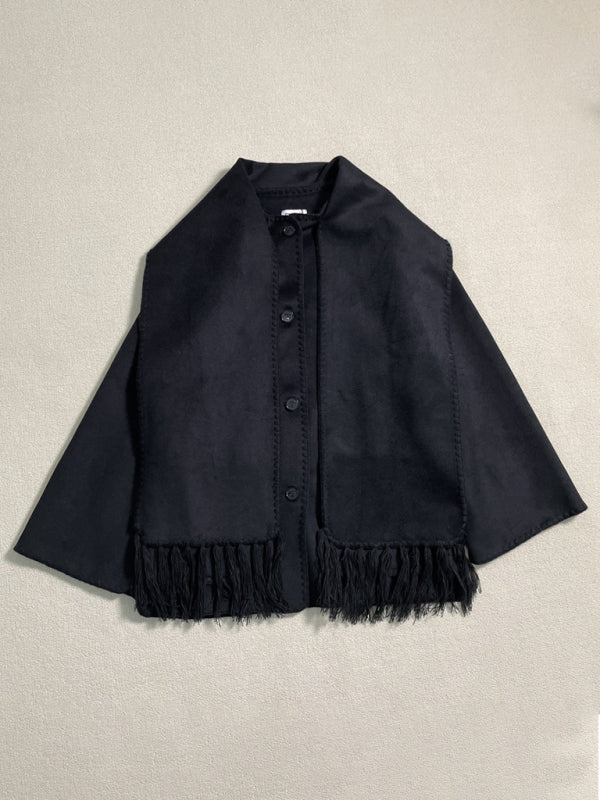 New Wool Blend Fringed-Scarf-Collar Loose Woollen Coat