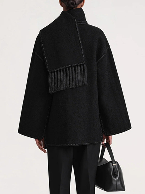 New Wool Blend Fringed-Scarf-Collar Loose Woollen Coat