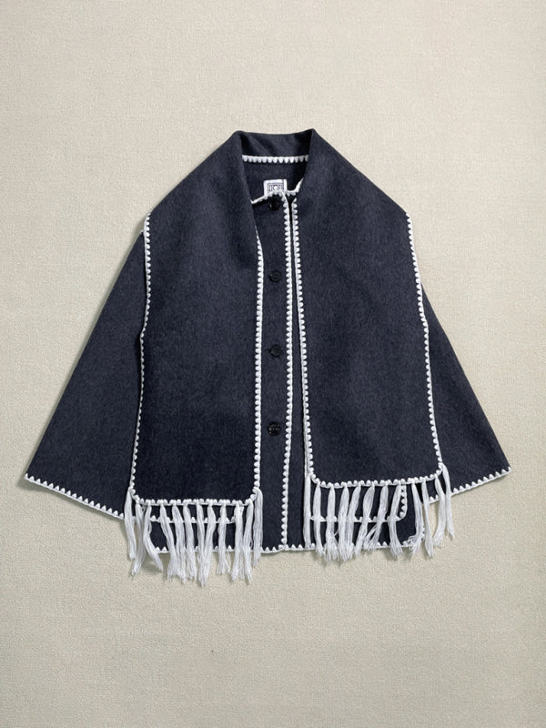 New Wool Blend Fringed-Scarf-Collar Loose Woollen Coat