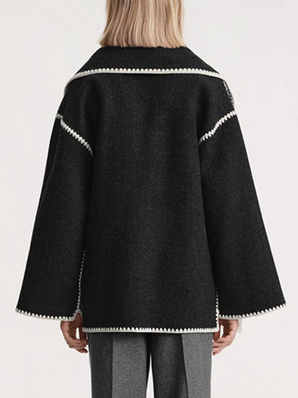 New Wool Blend Fringed-Scarf-Collar Loose Woollen Coat