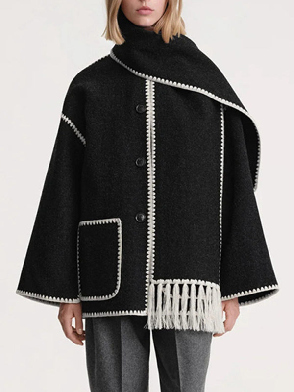 New Wool Blend Fringed-Scarf-Collar Loose Woollen Coat