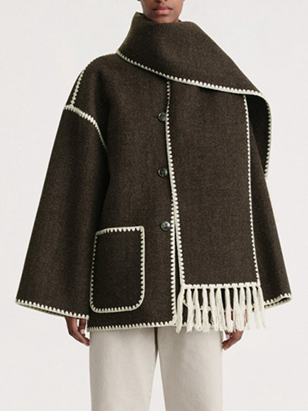 New Wool Blend Fringed-Scarf-Collar Loose Woollen Coat