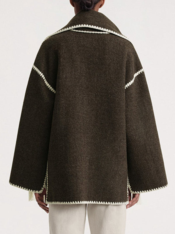 New Wool Blend Fringed-Scarf-Collar Loose Woollen Coat