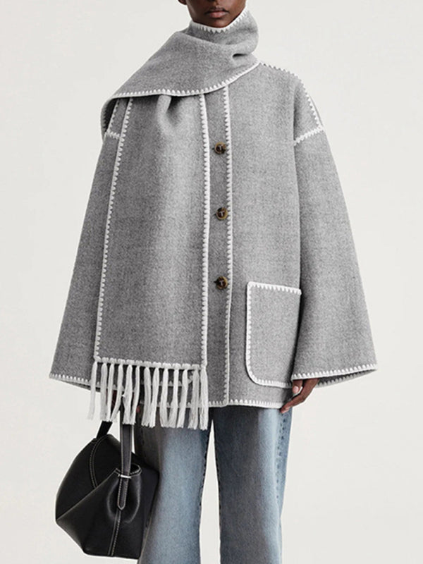 New Wool Blend Fringed-Scarf-Collar Loose Woollen Coat