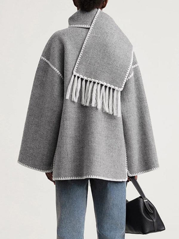 New Wool Blend Fringed-Scarf-Collar Loose Woollen Coat