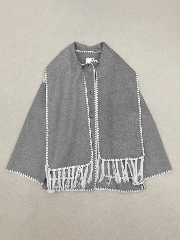 New Wool Blend Fringed-Scarf-Collar Loose Woollen Coat