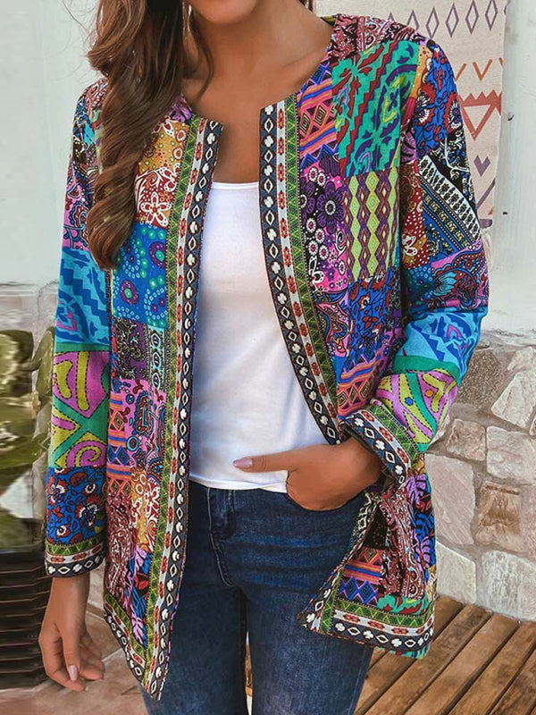 Retro Cotton & Linen Printed Loose Long-Sleeved Cardigan Jacket