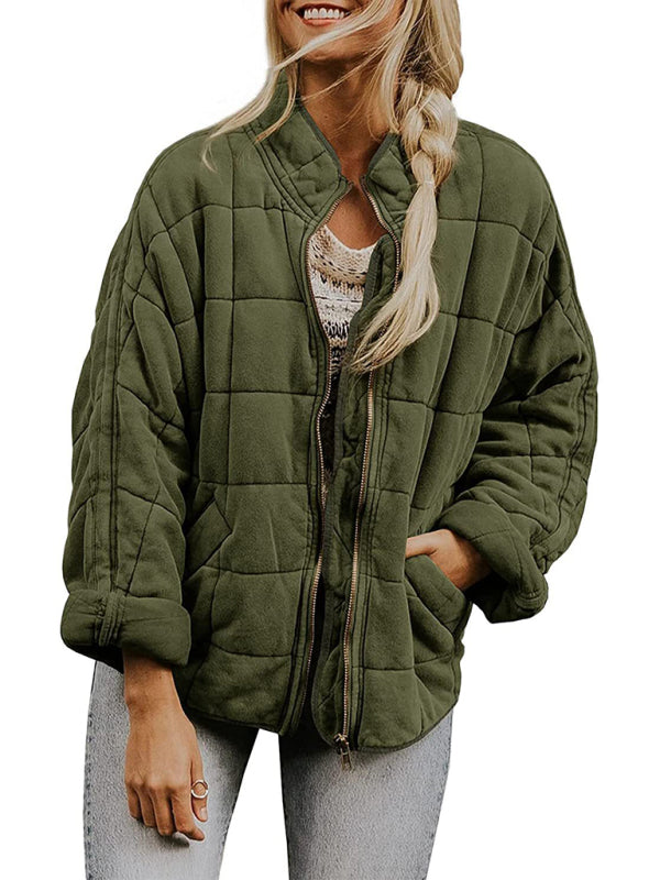 Solid-Colour Stand-Collar Loose Pockets Cotton Jacket