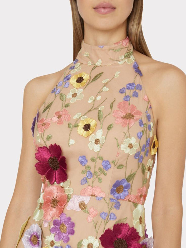 Embroidered Three-Dimensional Flower Halter-Neck Slim Small Dress