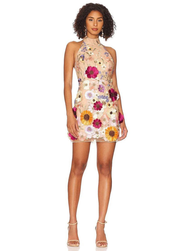 Embroidered Three-Dimensional Flower Halter-Neck Slim Small Dress