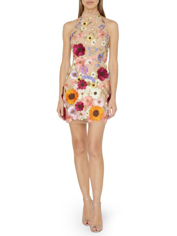 Embroidered Three-Dimensional Flower Halter-Neck Slim Small Dress