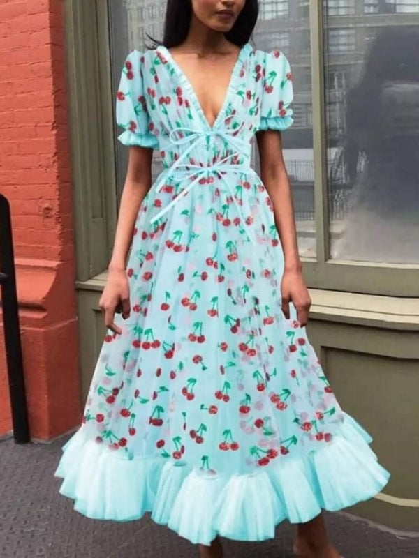 French-Style Strawberry Pleated Long Dress