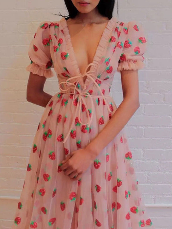 French-Style Strawberry Pleated Long Dress