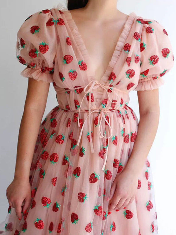 French-Style Strawberry Pleated Long Dress