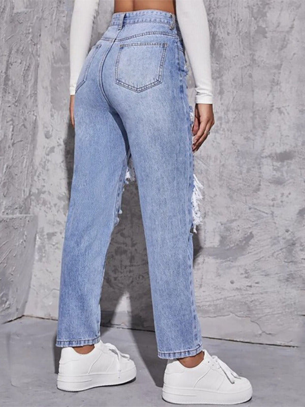 Women's Washed Ripped High-Waist Straight Trousers