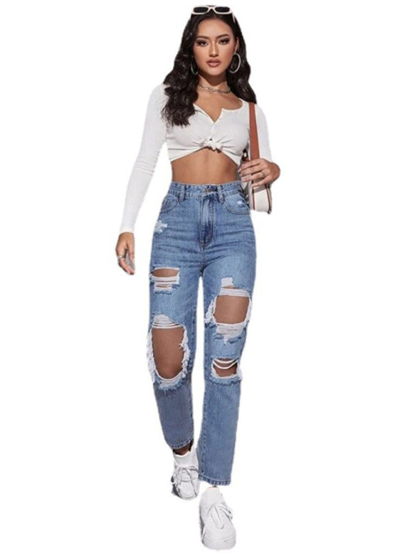 Women's Washed Ripped High-Waist Straight Trousers