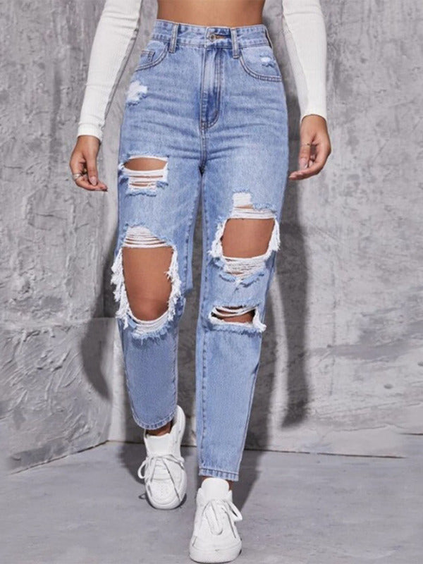 Women's Washed Ripped High-Waist Straight Trousers