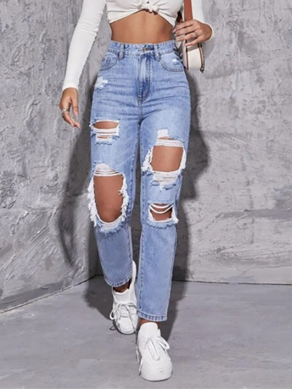 Women's Washed Ripped High-Waist Straight Trousers