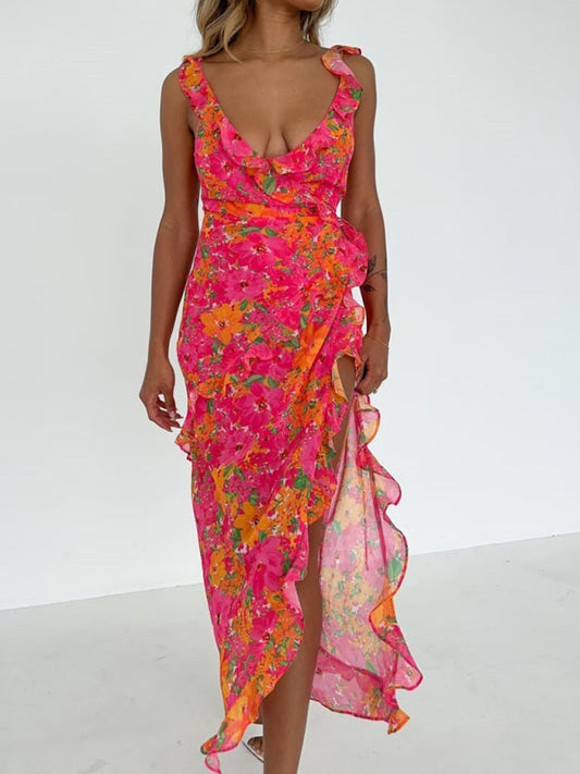 Floral Ruffle V-Neck Maxi Dress