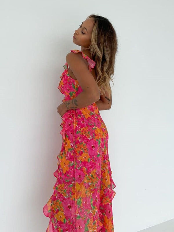 Floral Ruffle V-Neck Maxi Dress