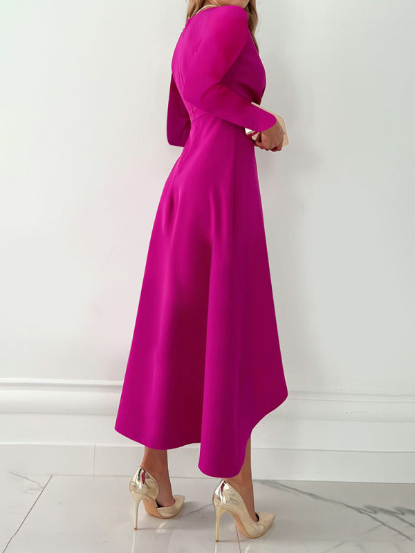 Long-Sleeve V-Neck Gathered-Hem Slit Dress