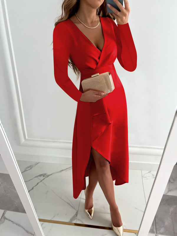 Long-Sleeve V-Neck Gathered-Hem Slit Dress