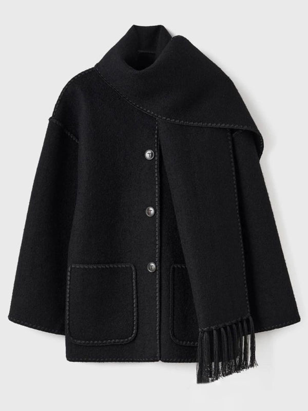 New Loose Autumn-Winter Thickened Woollen Coat With Scarf Tassels