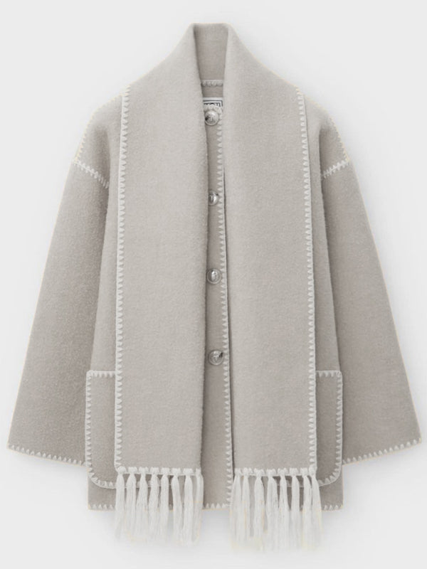 New Loose Autumn-Winter Thickened Woollen Coat With Scarf Tassels