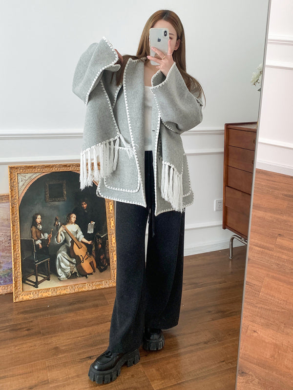 New Loose Autumn-Winter Thickened Woollen Coat With Scarf Tassels