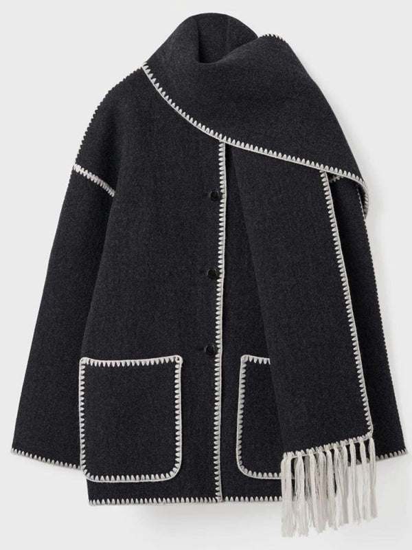 New Loose Autumn-Winter Thickened Woollen Coat With Scarf Tassels