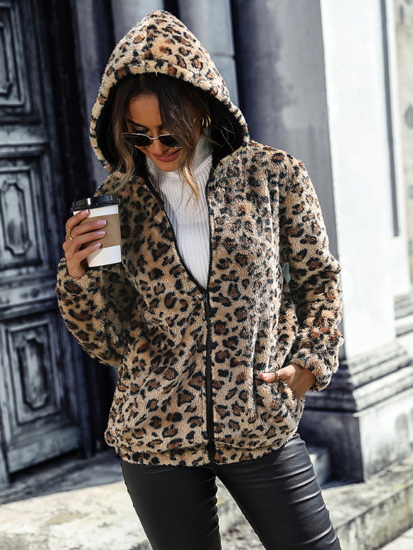 Hooded Long-Sleeve Leopard Print Midi Loose Jacket