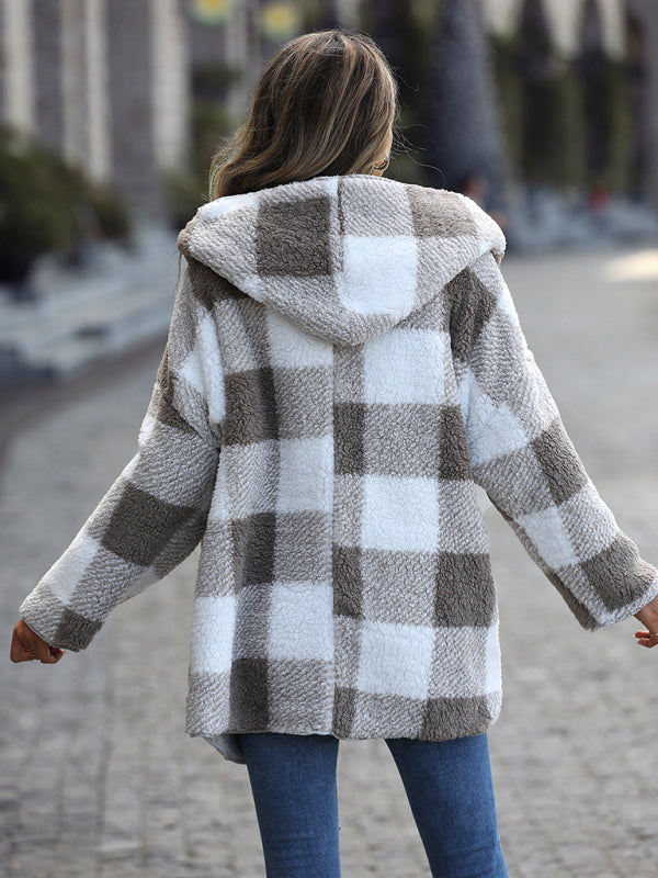 Plush Hooded Plaid Long-Sleeve Loose Jacket