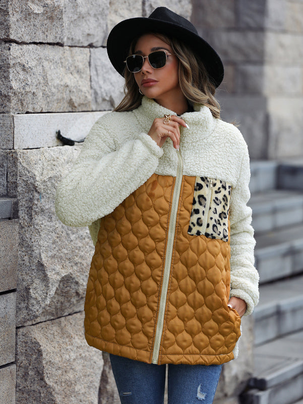 Zipper Plush Quilted Stand-Collar Jacket