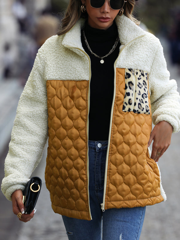 Zipper Plush Quilted Stand-Collar Jacket